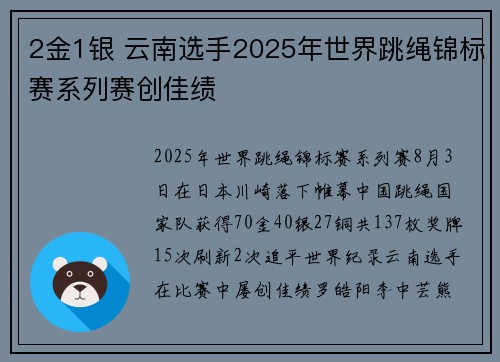 2金1银 云南选手2025年世界跳绳锦标赛系列赛创佳绩